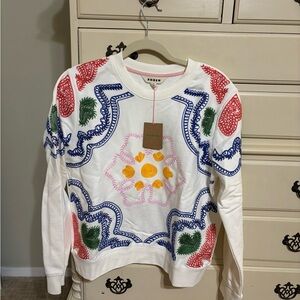 Boden White Sweatshirt with Blue and Pink Accents